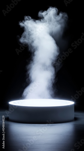 Cylindrical metal podium surrounded by rising smoke with sharp lighting effects creating an ethereal atmosphere