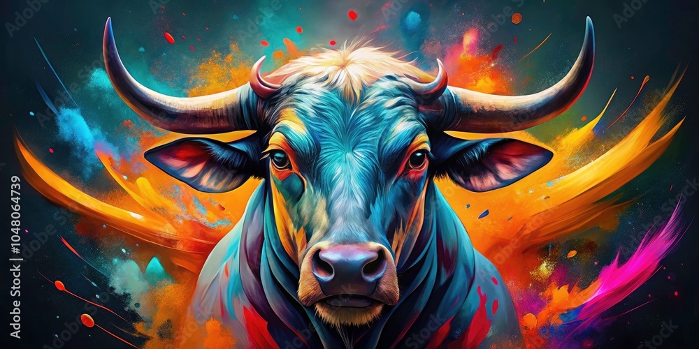 Vibrant Bull's Head Digital Art in Dynamic Splash Style with Bold Colors and Intricate Details - Perfect for Modern Decor and Art Enthusiasts Vibrant Bull's Head Digital Art in Dynamic Splash Style with Bold Colors and Intricate Details - Perfect for Modern Decor and Art Enthusiasts