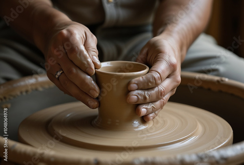 Artisan Crafting Clay Vessel on Traditional Pottery Wheel During Creative Ceramic Making Process