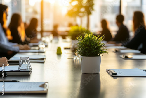 Point of view of chief executive officer in conference presentation, Meeting table with colleague and presentation information paper, Committed employee discussion in office.	