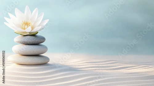 balanced stones, a lotus flower, and gentle ripples on the sand against light blue background