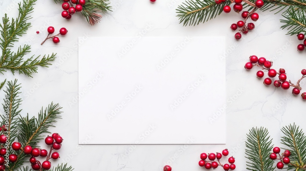 A white blank sheet of paper in the center, surrounded by Christmas tree branches and berries, top view, flat lay. A white blank sheet of paper in the center, surrounded by Christmas tree branches and berries, top view, flat lay.