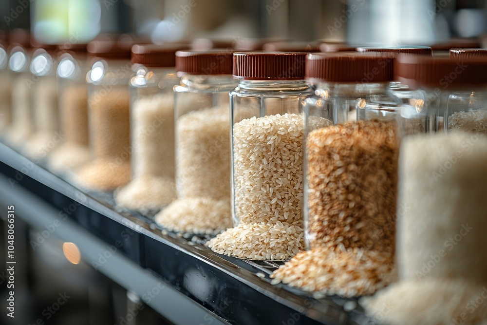 Row of Glass Jars Filled with White and Brown Rice Row of Glass Jars Filled with White and Brown Rice