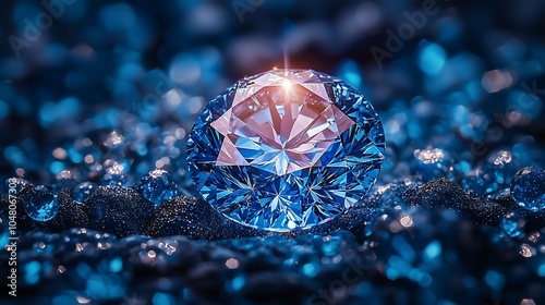 Luxury Blue Diamond Macro Shot with Sophisticated Lighting and Glamorous Background.Generative AI 洗練された照明とグラマラスな背景を持つ青いダイヤモンドのラグジュアリーマクロショット