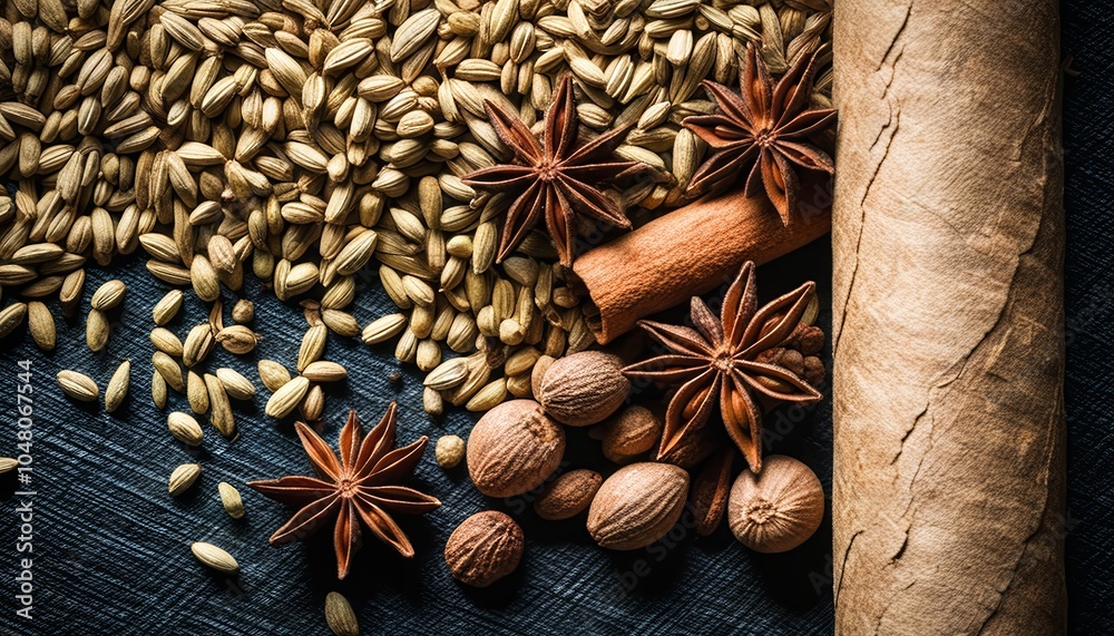 Illustrative image of a collection of spices, nuts and cooking ingredients that are typical of Asian cuisine Illustrative image of a collection of spices, nuts and cooking ingredients that are typical of Asian cuisine