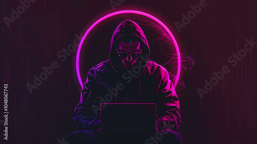 Abstract polygonal hacker with laptop on technology dark background. Cyber attack and cyber security concepts. Computer hacking. Digital technology. Man in hoodie. 3D low poly illustration.