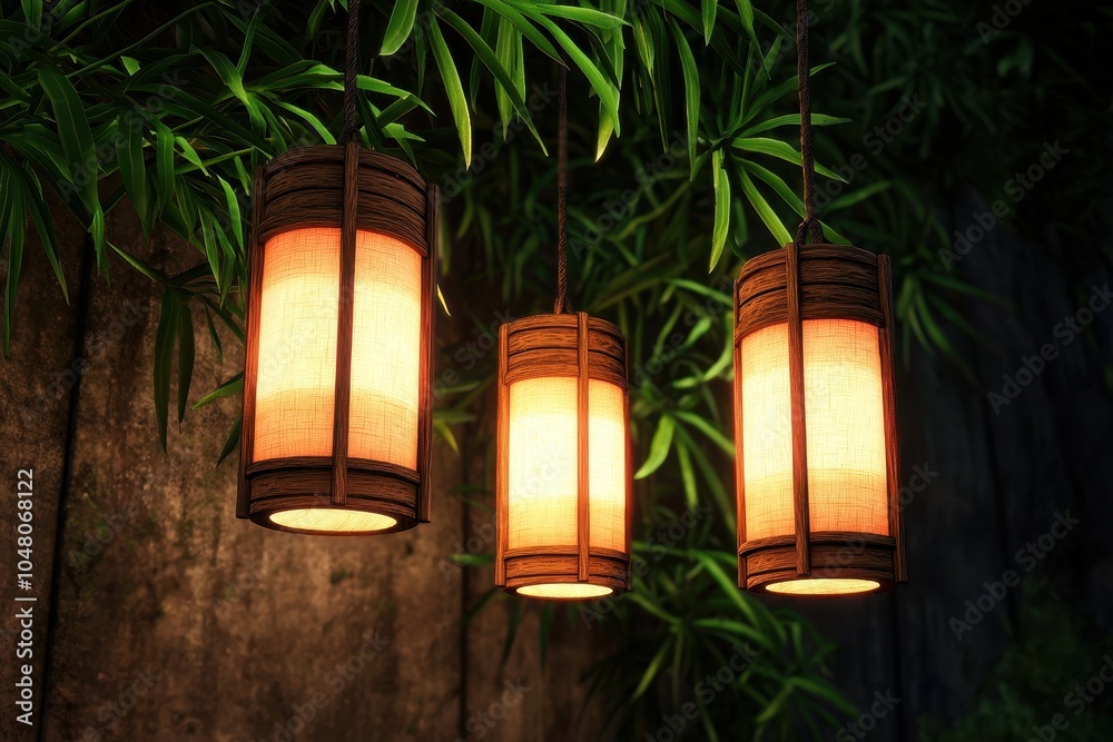 Beautiful lanterns hanging amidst lush greenery, creating a warm and inviting atmosphere. Beautiful lanterns hanging amidst lush greenery, creating a warm and inviting atmosphere.