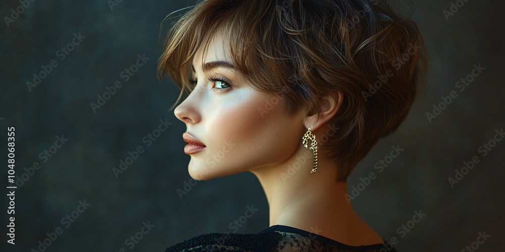 Fototapeta premium woman short hair. A portrait of a beautiful woman with short brown hair, wearing long golden earrings.