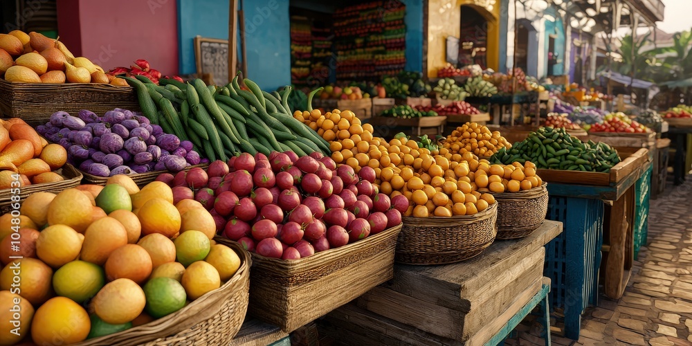 Obraz premium A vibrant market scene filled with colorful fruits and vegetables, arranged in baskets, showcasing fresh produce in an inviting setting.