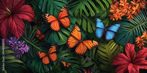 A vibrant scene featuring colorful butterflies among lush tropical foliage and blooming flowers.