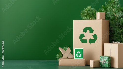 Eco-friendly packaging with recycle symbols on green background.