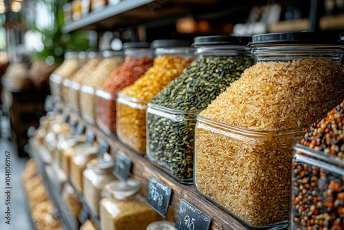 A Row of Glass Jars Filled with Grains and Seeds on a Wooden Shelf