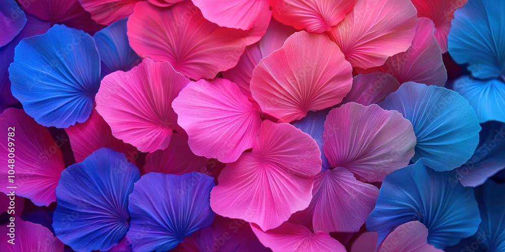 A vibrant close-up of colorful flower petals in shades of blue and pink, showcasing intricate textures and a harmonious blend of colors.