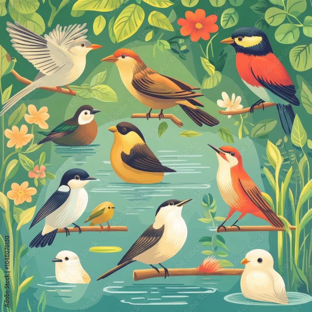 Fototapeta premium Colorful Illustrated Birds in a Natural Scene