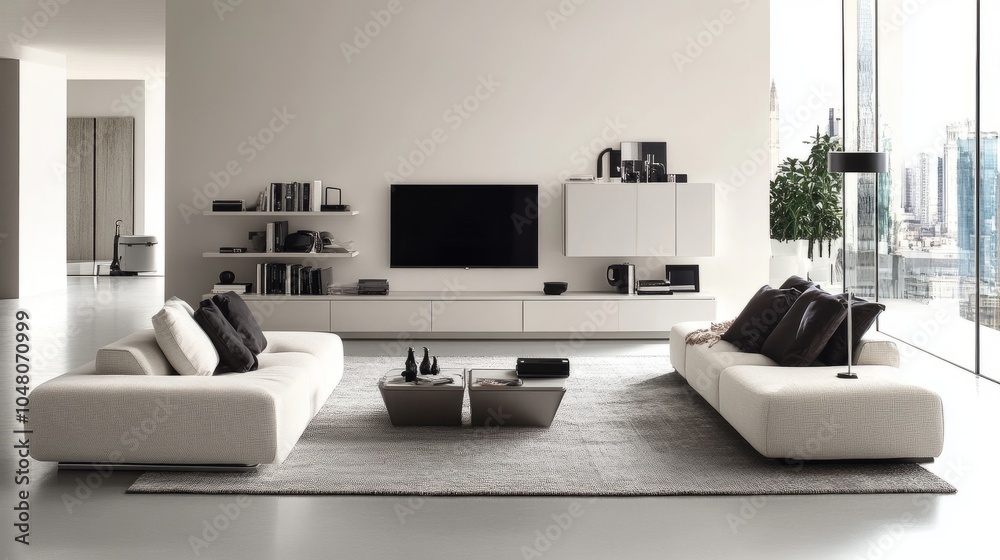 Bright living room with modular furniture, a minimal TV setup, and advanced tech gadgets arranged neatly on sleek shelves. Bright living room with modular furniture, a minimal TV setup, and advanced tech gadgets arranged neatly on sleek shelves.