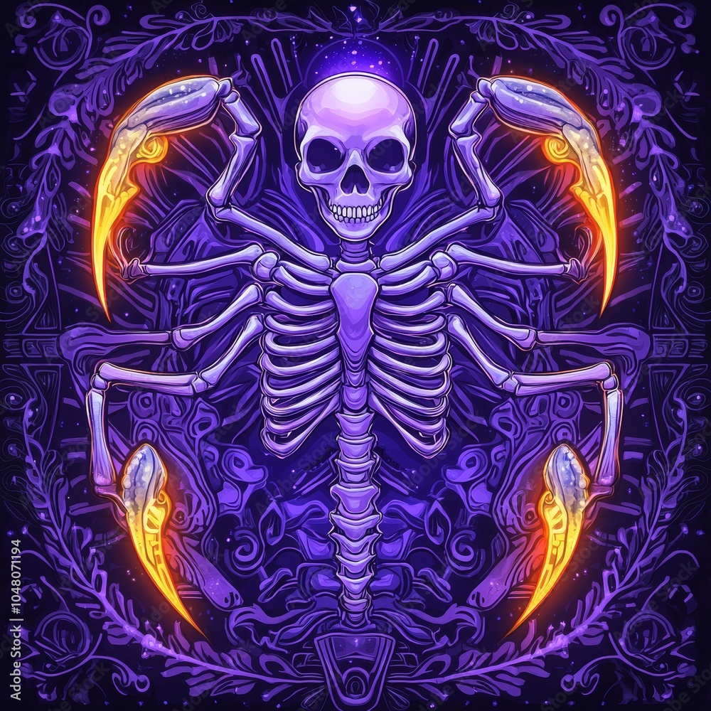 A vivid, artistic representation of a skeletal figure with scorpion claws, enveloped in a colorful, ornate design. A vivid, artistic representation of a skeletal figure with scorpion claws, enveloped in a colorful, ornate design.