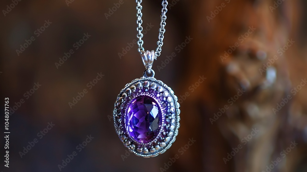 Amethyst studded necklace hanging from silver chain Amethyst studded necklace hanging from silver chain