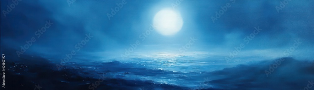 Obraz premium A painting of a moonlit night, oil on canvas, deep blues and soft light, isolated on white background