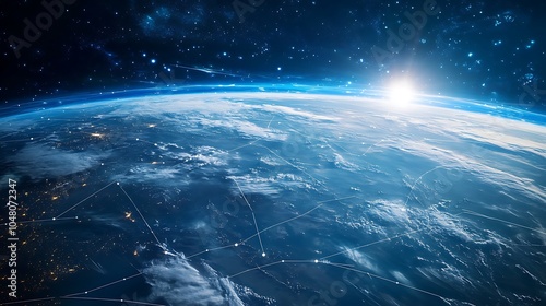 Earth viewed from space with visible weather patterns and satellite paths drawn in lines