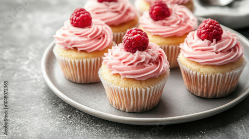 A plate of delicious cupcakes topped with pink frosting and fresh raspberries.