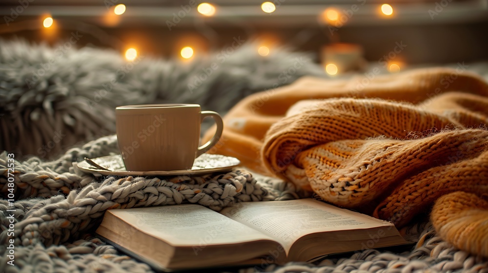 An old book and coffee cup beside a soft blanket in cozy reading corner An old book and coffee cup beside a soft blanket in cozy reading corner