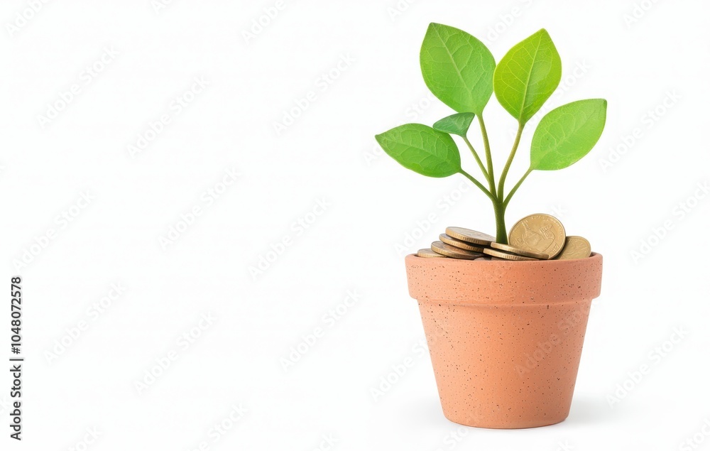 Obraz premium Green plant growing in a terracotta pot with coins, white isolate background