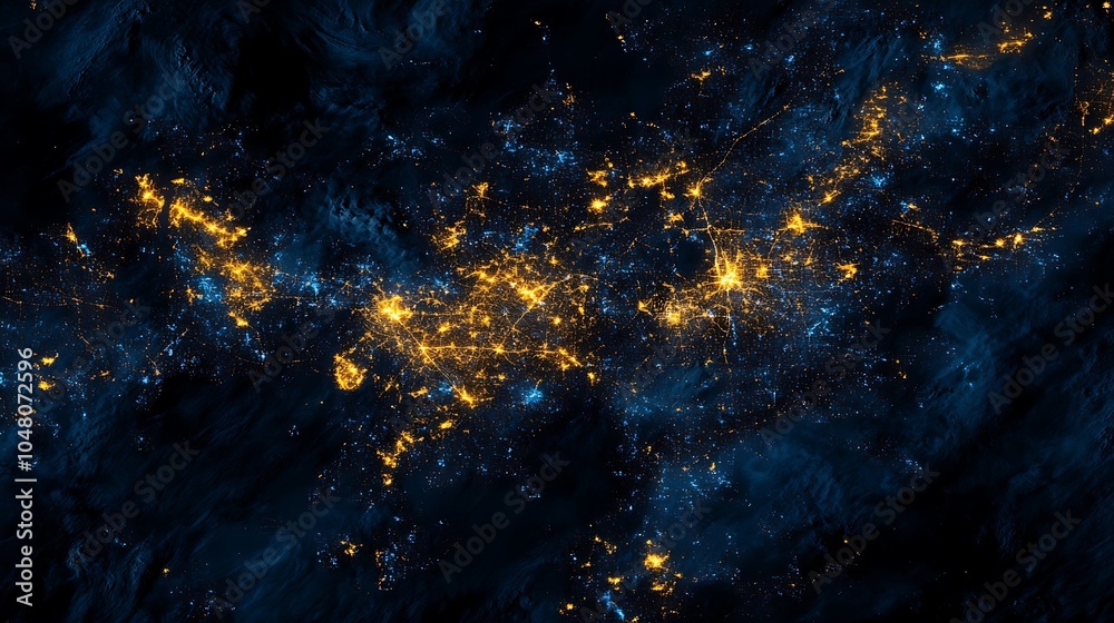 Night satellite image showing Earth’s illuminated cities and highways glowing brightly Night satellite image showing Earth’s illuminated cities and highways glowing brightly