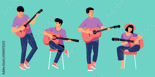 flat illustration of a person playing guitar happily