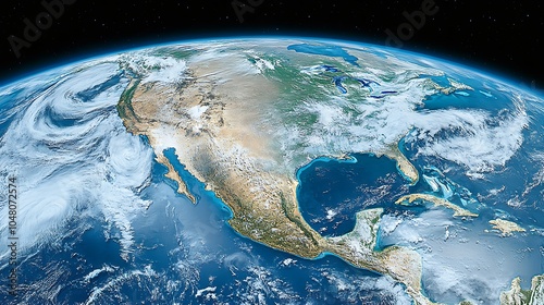 High-resolution satellite image of Earth with visible landmasses and weather patterns photo