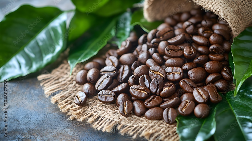Fototapeta premium Fresh coffee beans with green leaves on a rustic backdrop.