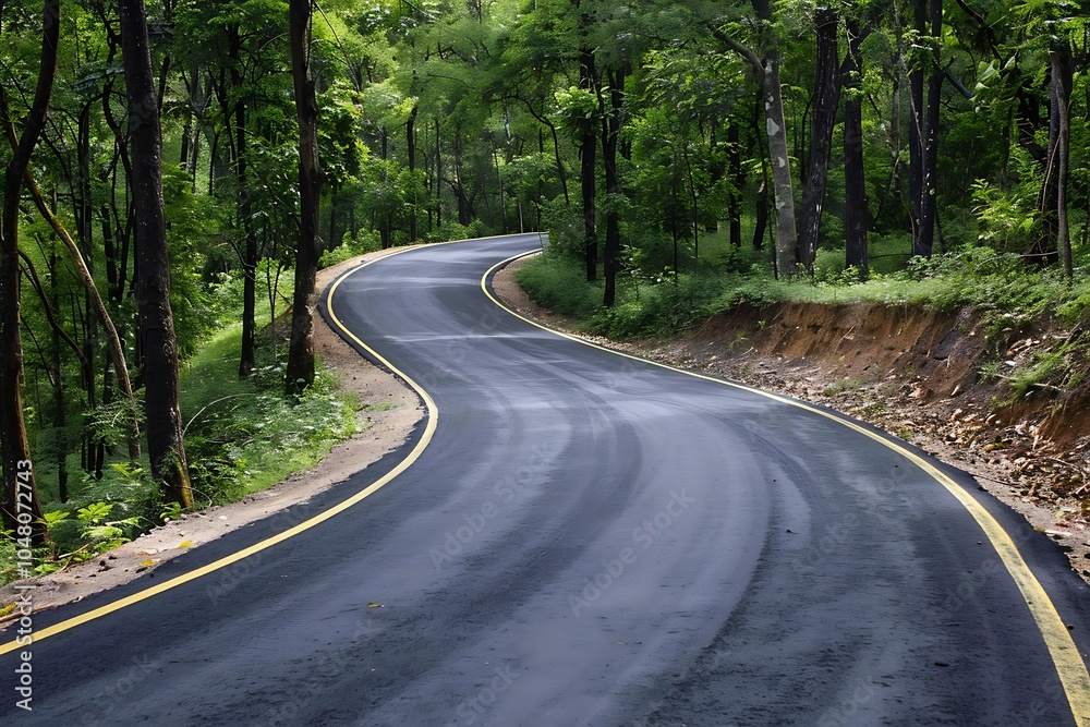 Asphalt road in the forest with foggy morning Asphalt road in the forest with foggy morning