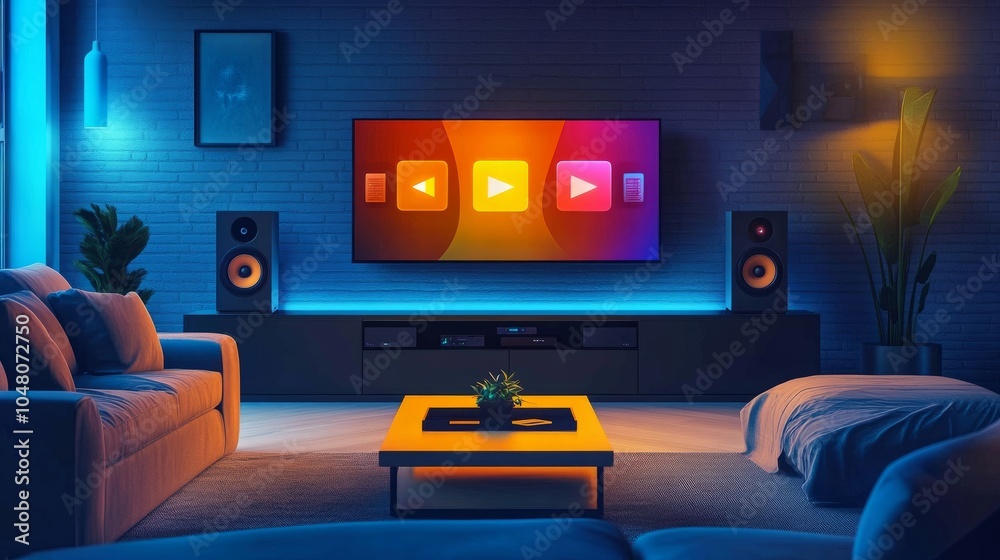 Minimalist living room with a home theater system, streaming devices, and a TV glowing with a colorful interface, perfect for relaxation. Minimalist living room with a home theater system, streaming devices, and a TV glowing with a colorful interface, perfect for relaxation.