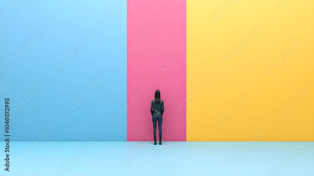 Woman Standing Against Colorful Walls Decision Making Concept Woman Standing Against Colorful Walls Decision Making Concept