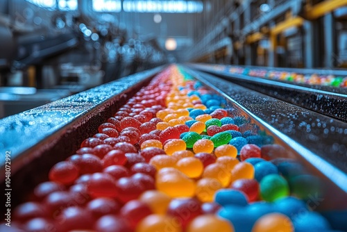 Colorful Gummy Candies Moving Down a Conveyor Belt in a Factory