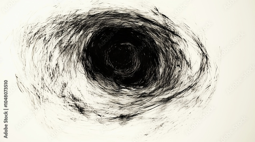 Fototapeta premium Hand-drawn abstract illustration of a mysterious open black hole portal in the center, created with simple lines and rough strokes in an ink art style on a white background. This hyper-detailed, high-