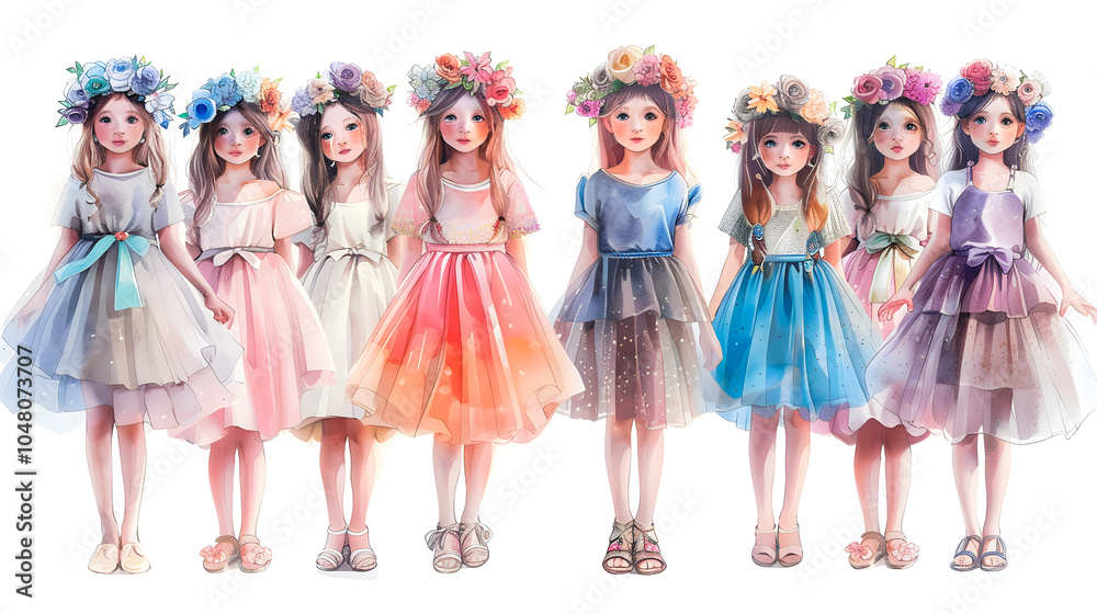 Watercolour style cartoon illustration of cute girls wearing fluffy tutu skirt summer and spring fashion with flower crown outfit, collection set