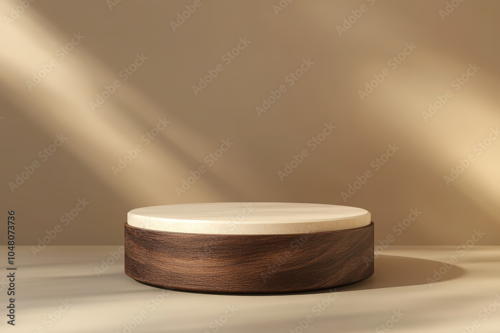 A minimalist wooden display stand with a light top and dark base, suitable for showcasing items. A minimalist wooden display stand with a light top and dark base, suitable for showcasing items.