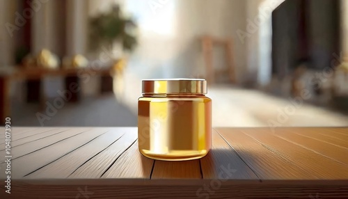 "3D illustration of a golden jar placed on a rustic wooden table, illuminated by soft lighting that enhances its metallic texture and reflective surface, creating a warm, elegant visual