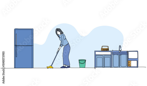 Vector illustration of a woman is cleaning the kitchen. Modern flat in continuous line style.