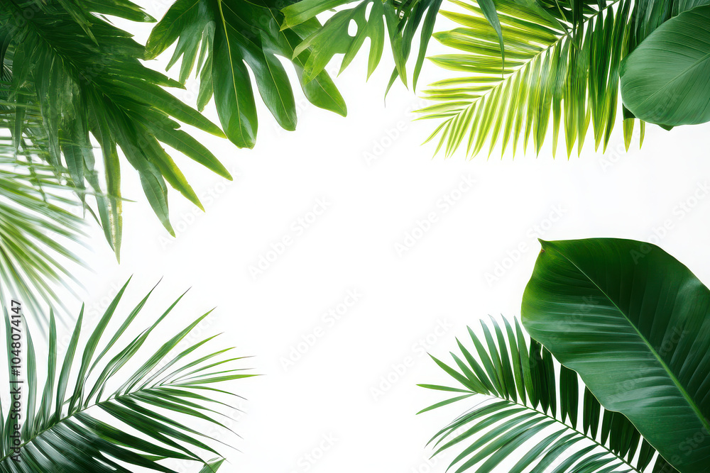 Lush green palm leaves framing a blank white space, ideal for nature-themed designs. Lush green palm leaves framing a blank white space, ideal for nature-themed designs.
