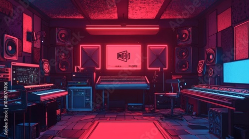 Recording studio with glowing red and blue lights, high-end gear, and acoustically treated walls, centered around a key microphone setup. photo