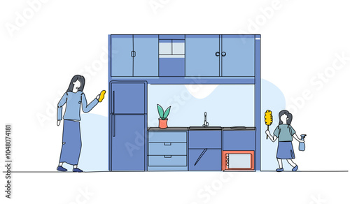 Vector illustration of a mother and daughter are cleaning the kitchen. Modern flat in continuous line style.