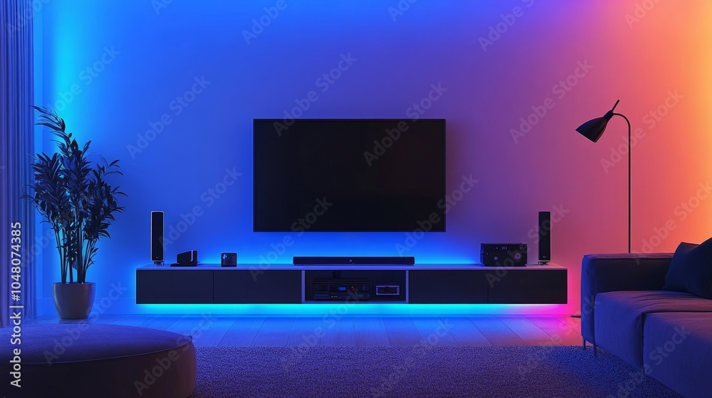 Smart living room with high-tech entertainment: a flat-screen TV, voice-controlled lights, and a sleek media console with hidden wires. Smart living room with high-tech entertainment: a flat-screen TV, voice-controlled lights, and a sleek media console with hidden wires.