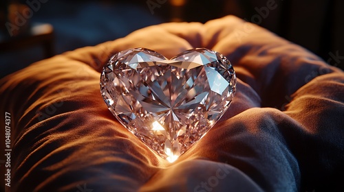 A heart-shaped diamond resting on a velvet pillow, lit by ambient lighting photo