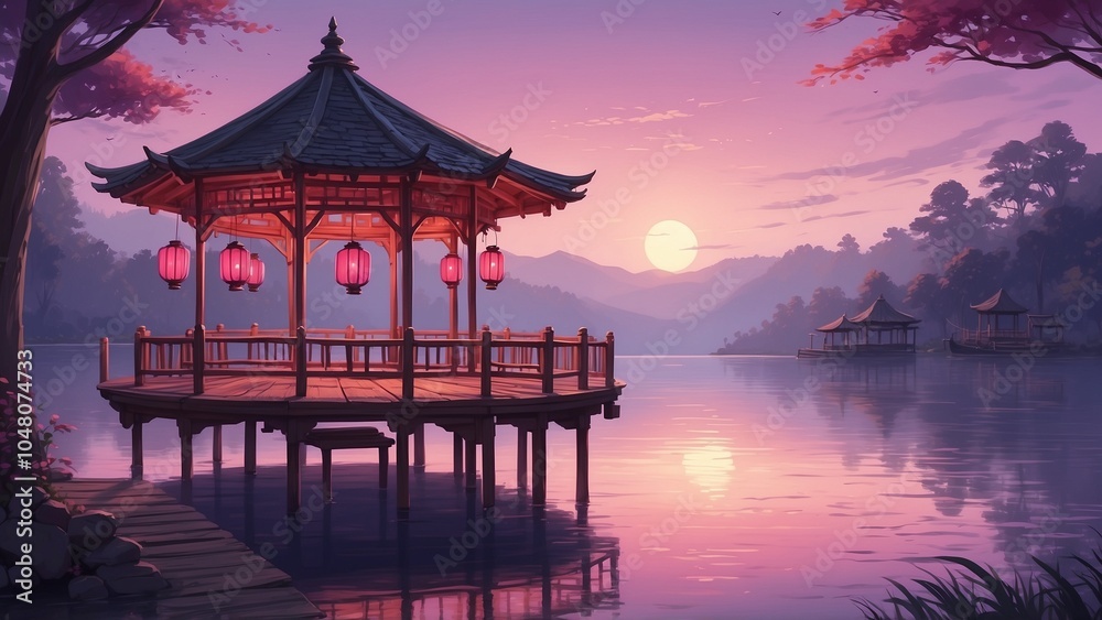 Peaceful lakeside pavilion illuminated by lanterns at sunset with mountains in the background Peaceful lakeside pavilion illuminated by lanterns at sunset with mountains in the background