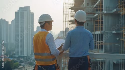 Two construction workers discussing plans at a building site with a city skyline in the background.