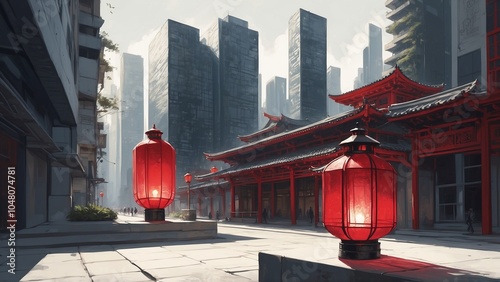 Modern cityscape merging traditional architecture with red lanterns in an urban environment