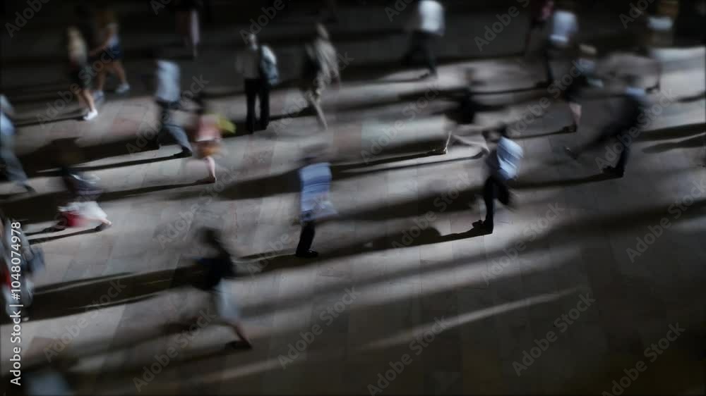 Dynamic movement of people in a busy city at night, with blurred motion creating hustle and bustle