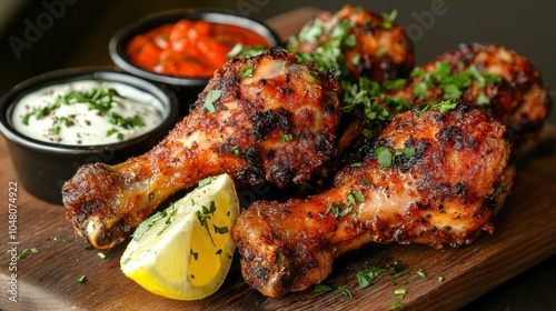 Delicious grilled chicken drumsticks garnished with herbs, accompanied by dipping sauces and lemon, perfect for any meal.