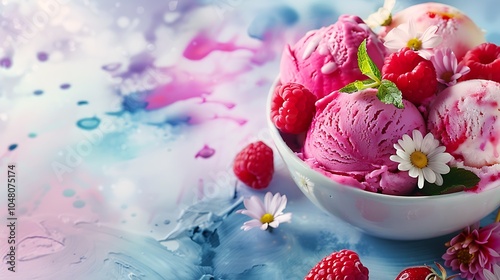 Berry ice cream bowl with edible flowers against a watercolor inspired abstract background